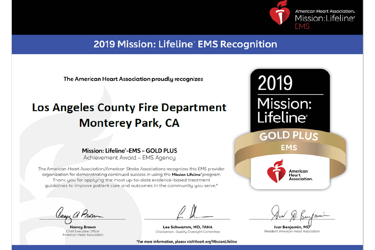 Aha Recognizes Lacofd With Mission Lifeline Ems Gold Plus Award