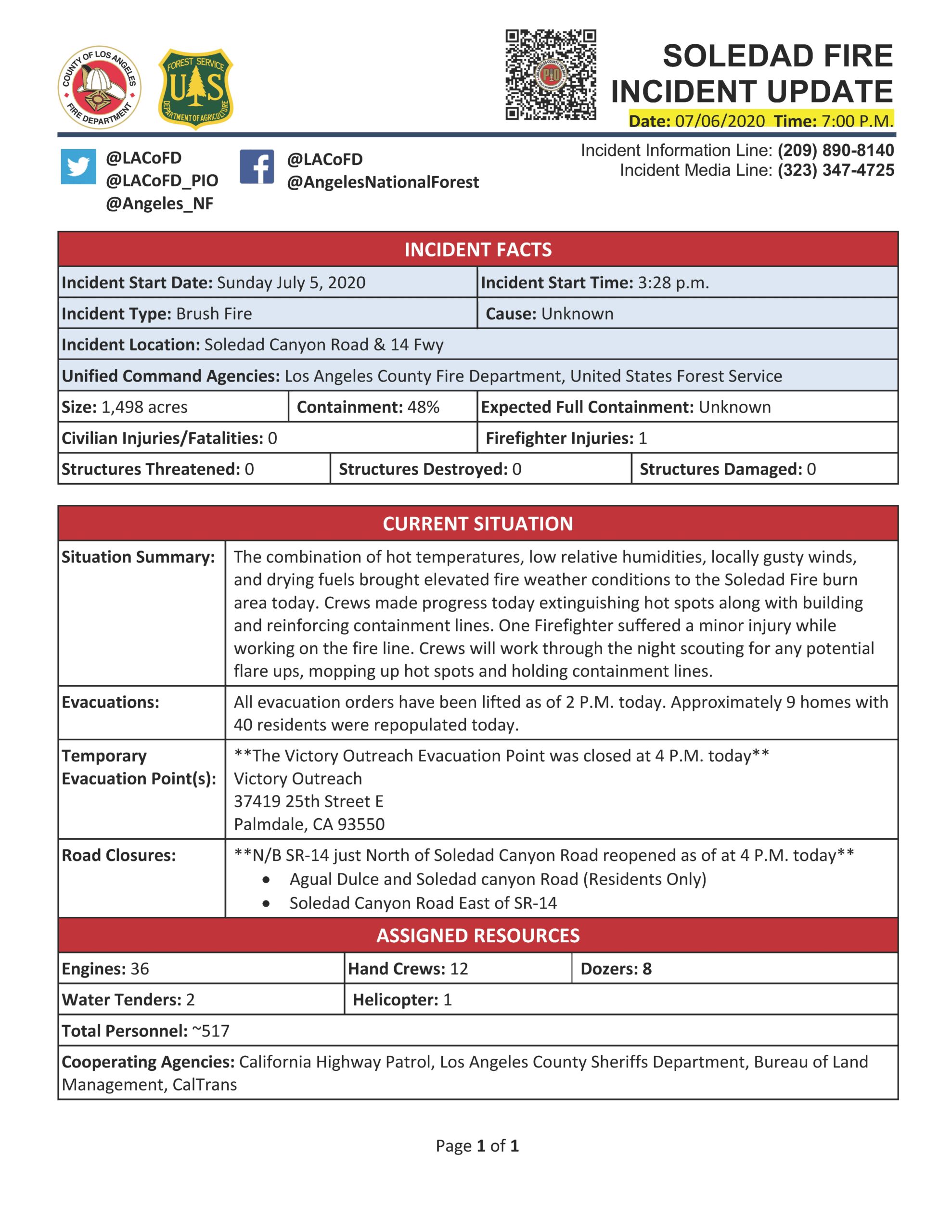 Soledad Incident Update 1900 7.6.20 – Fire Department