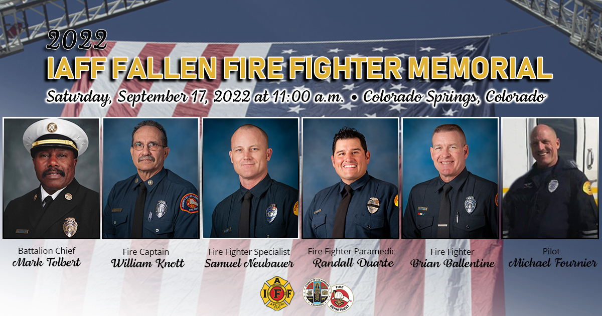 This year’s International Association of Fire Fighters (IAFF) Fallen Fire Fighter Memorial ceremony honored six Los Angeles County Fire Department fallen heroes: Battalion Chief Mark Tolbert, Fire Captain William Knott, Fire Fighter Specialist Samuel Neubauer, Fire Fighter Paramedic Randall Duarte, Fire Fighter Brian Ballentine, and Pilot Michael Fournier.