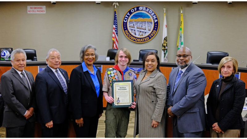 On Tuesday, January 24, 2023, the Los Angeles County Fire Department (LACoFD) and the City of Gardena honored LACoFD Community Emergency Response Team (CERT) member, 17-year-old Matthew Groveunder, for utilizing his CERT life-saving skills during an ATV incident last year.