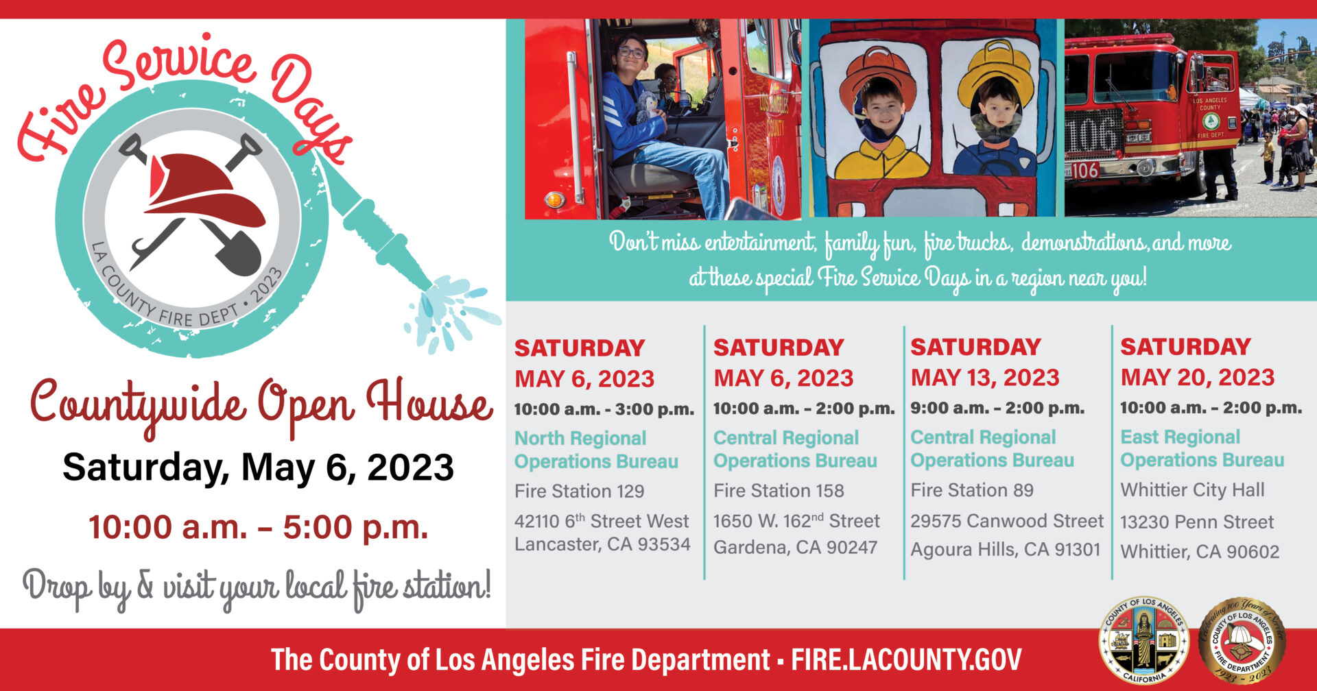 On Saturday, May 6, 2023, the Los Angeles County Fire Department’s (LACoFD) 174 fire stations will roll up their doors and welcome residents as part of the annual Countywide Open House.