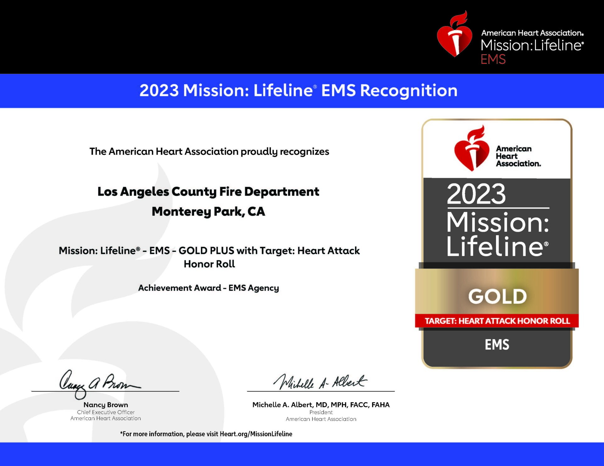 The Los Angeles County Fire Department (LACoFD) was honored with the American Heart Association’s (AHA) 2023 Mission: Lifeline EMS Gold Plus Award.