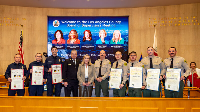 On Tuesday, February 13, 2024, County of Los Angeles Fifth District Supervisor Kathryn Barger honored four County of Los Angeles Fire Department (LACoFD) firefighters from Fire Station 19 and 63, along with four Los Angeles County Sheriff’s deputies (LASD), for their life-saving skills when they responded to a home fire in La Cañada Flintridge last month. 