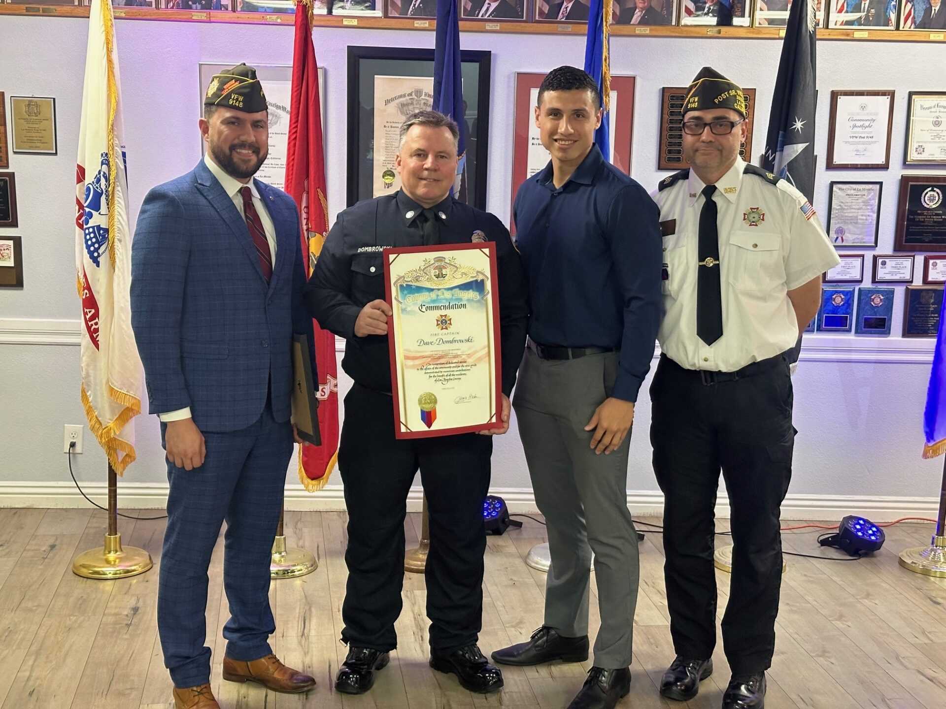 On Thursday, February 29, 2024, County of Los Angeles Fire Department (LACoFD) Fire Captain David Dombrowski was honored as Firefighter of the Year by the Veterans of Foreign Wars (VFW) Post #9148 in the City of La Mirada.
