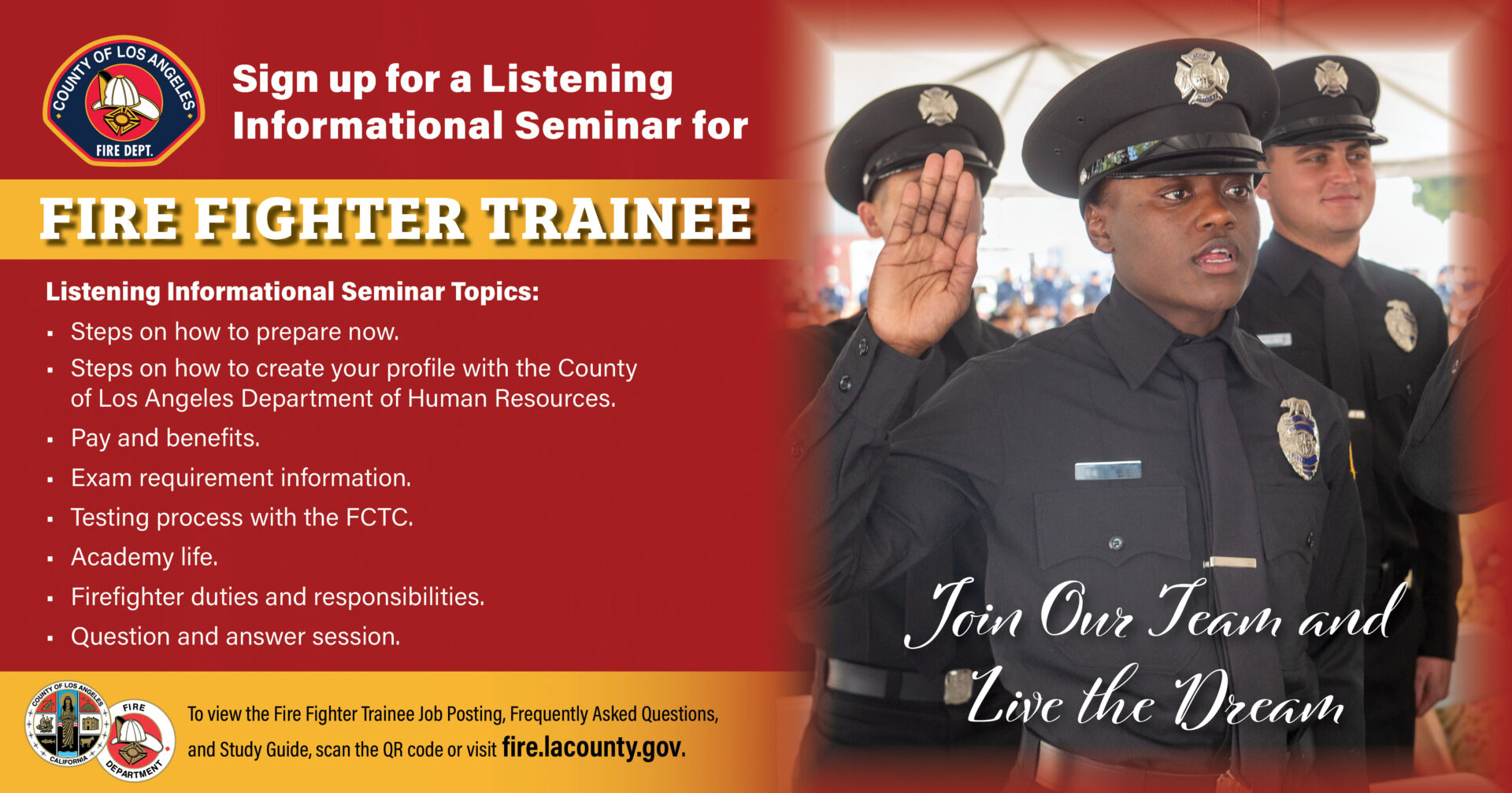 In preparation of the Fire Fighter Trainee (FFT) Exam, over one-hundred individuals participated in the County of Los Angeles Fire Department’s (LACoFD) first Listening Informational Seminar of 2024. This seminar was held at the LACoFD Cecil R. Gehr Training Center on Saturday, April 27, 2024.