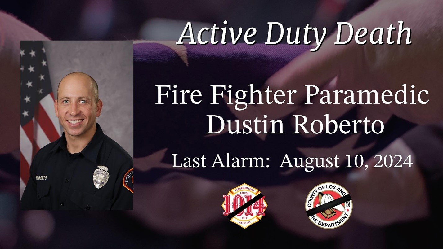 On Friday, September 6, 2024, the County of Los Angeles Fire Department (LACoFD) hosted a flag ceremony at Fire Station 93, in the City of Palmdale, to honor the life and service of Fire Fighter Paramedic (FFPM) Dustin M. Roberto. FFPM Roberto passed away on Saturday, August 10, 2024, after battling a short-term illness.