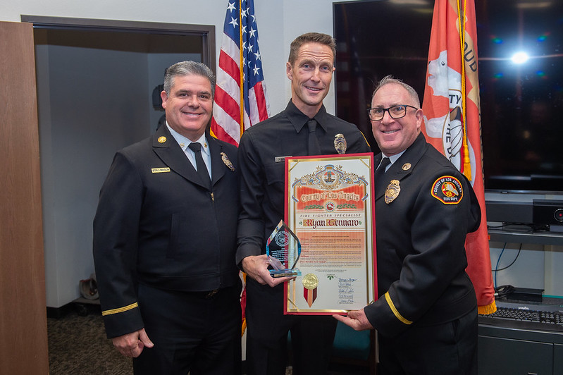 On Tuesday, November 12, 2024, County of Los Angeles Fire Department (LACoFD) Fire Fighter Specialist (FFS) Ryan Gennaro was honored as the Fire Prevention Division’s 32nd Annual Perpetual Award of Excellence recipient.