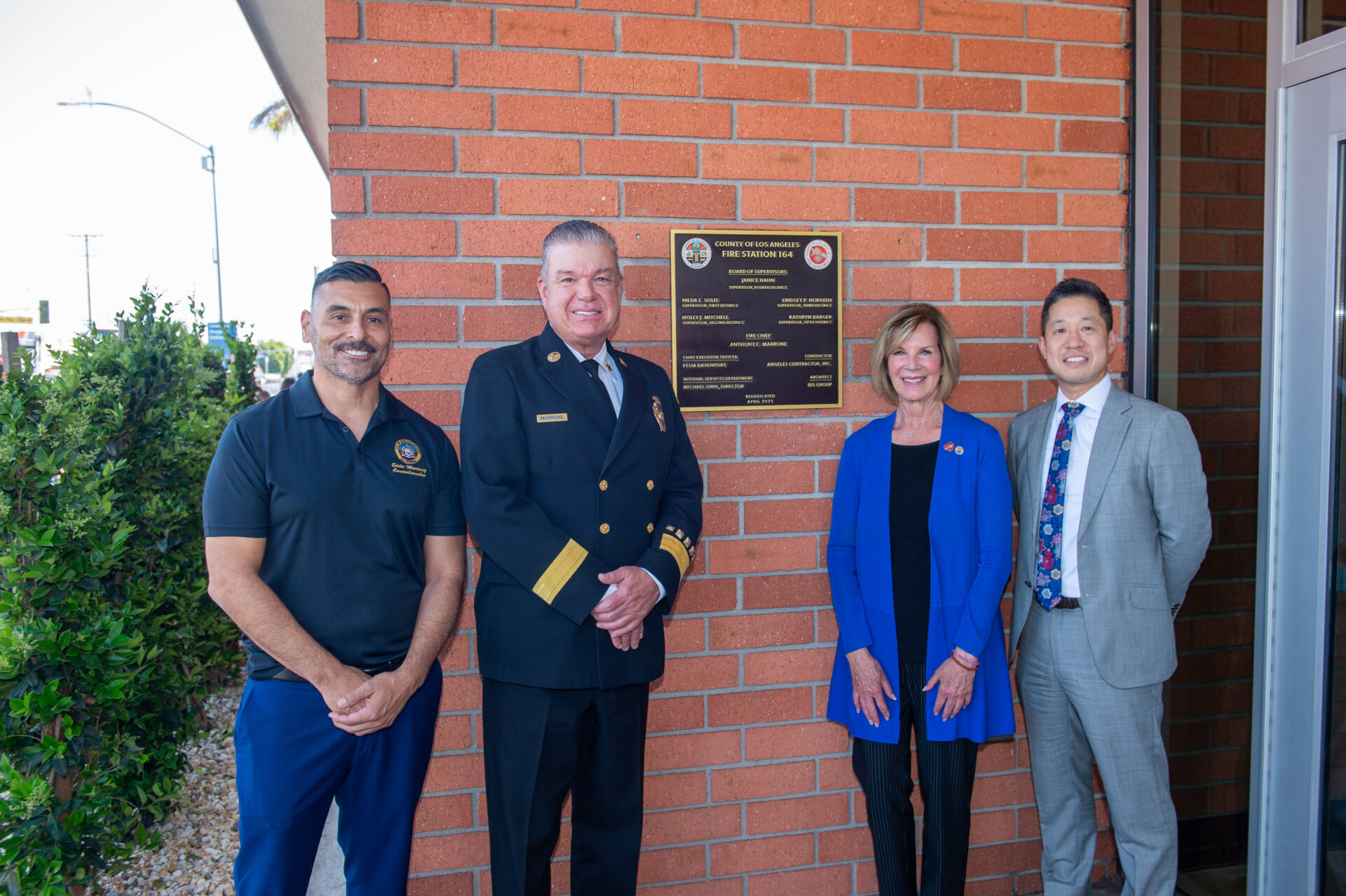 On Friday, April 11, 2025, County of Los Angeles Fire Chief Anthony C. Marrone was joined by Los Angeles County Fourth District Supervisor Janice Hahn, Los Angeles County Internal Services Department Director Michael Owh, and City of Huntington Park officials for the rededication and reopening of Fire Station 164 in the City of Huntington Park after a tragic fire caused its closure.
