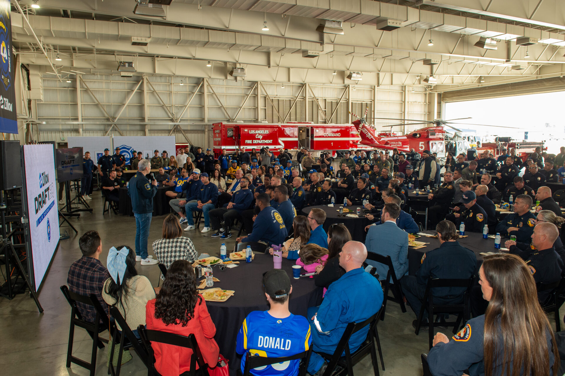 Members of the LACoFD were thrilled to join the Los Angeles City Fire Department (LAFD) and partnering first responder agencies at the Los Angeles Rams Draft Event held on Friday, April 25, 2025, at the LAFD Air Operations Section in Van Nuys.