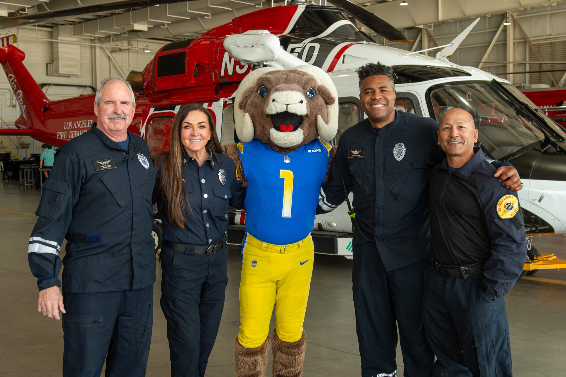 Members of the LACoFD were thrilled to join the Los Angeles City Fire Department (LAFD) and partnering first responder agencies at the Los Angeles Rams Draft Event held on Friday, April 25, 2025, at the LAFD Air Operations Section in Van Nuys.