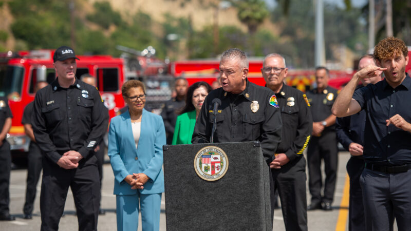 On Wednesday, June 25, 2025, County of Los Angeles Fire Department (LACoFD) Fire Chief Anthony C. Marrone joined Los Angeles Fire Department (LAFD) Interim Fire Chief Ronnie Villanueva, Los Angeles City Mayor Karen Bass, Los Angeles County First District Supervisor Hilda Solis, UCLA Health Regional Burn Center Dr. Edwin Garcia, and other public safety officials for the joint LACoFD-LAFD annual Fireworks Safety Press Conference.