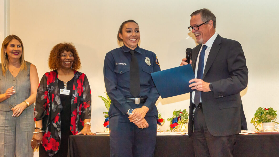 On Thursday, August 21, 2025, the City of Pomona Optimist Club presented the Public Safety Award to Fire Fighter Specialist Tracy Sizemore during an award ceremony at the Metro Event Center in Downtown Pomona.