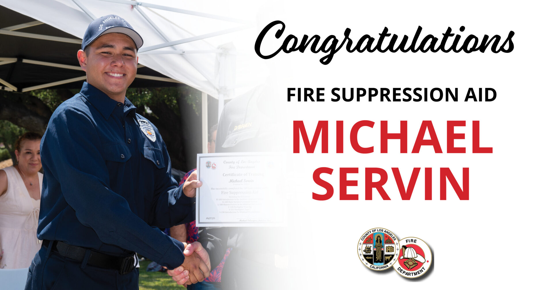 The County of Los Angeles Fire Department (LACoFD) proudly congratulates two former fire explorers who have worked hard to earn permanent employment with the LACoFD.