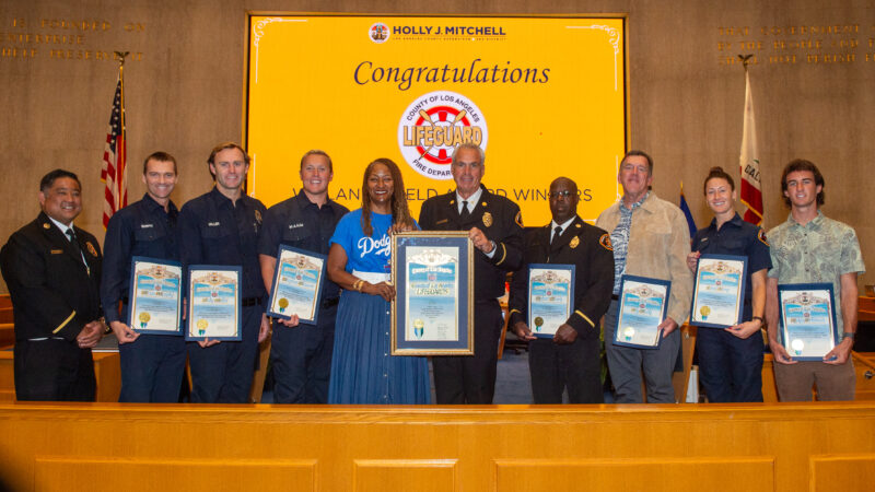 On Tuesday, October 28, 2025, during the presentation portion of the Board of Supervisors meeting, Los Angeles County Second District Supervisor Holly J. Mitchell honored the County of Los Angeles Fire Department (LACoFD) Lifeguard Division for their recent accomplishments at the biennial Wieland Shield Lifeguard Competition. Additionally, Fourth District Supervisor Janice Hahn honored Fire Captain (Captain) Sheila Kelliher-Berkoh on her recent retirement and Fire Fighter Specialist (FFS) John Pfau as the 2025 Perpetual Fire Prevention Award of Excellence honoree.