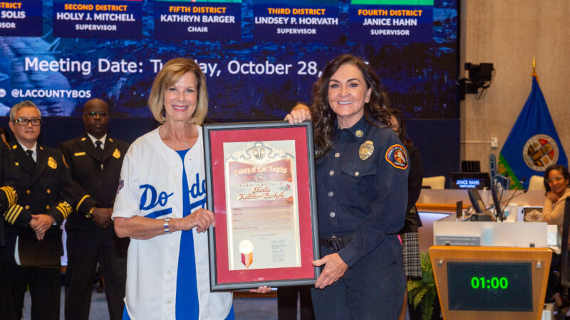 On Tuesday, October 28, 2025, during the presentation portion of the Board of Supervisors meeting, Los Angeles County Second District Supervisor Holly J. Mitchell honored the County of Los Angeles Fire Department (LACoFD) Lifeguard Division for their recent accomplishments at the biennial Wieland Shield Lifeguard Competition. Additionally, Fourth District Supervisor Janice Hahn honored Fire Captain (Captain) Sheila Kelliher-Berkoh on her recent retirement and Fire Fighter Specialist (FFS) John Pfau as the 2025 Perpetual Fire Prevention Award of Excellence honoree.