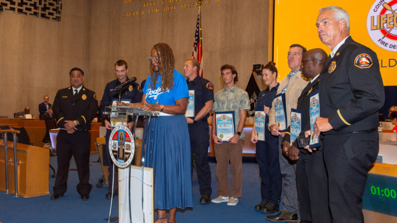 On Tuesday, October 28, 2025, during the presentation portion of the Board of Supervisors meeting, Los Angeles County Second District Supervisor Holly J. Mitchell honored the County of Los Angeles Fire Department (LACoFD) Lifeguard Division for their recent accomplishments at the biennial Wieland Shield Lifeguard Competition. Additionally, Fourth District Supervisor Janice Hahn honored Fire Captain (Captain) Sheila Kelliher-Berkoh on her recent retirement and Fire Fighter Specialist (FFS) John Pfau as the 2025 Perpetual Fire Prevention Award of Excellence honoree.