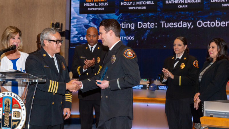 On Tuesday, October 28, 2025, during the presentation portion of the Board of Supervisors meeting, Los Angeles County Second District Supervisor Holly J. Mitchell honored the County of Los Angeles Fire Department (LACoFD) Lifeguard Division for their recent accomplishments at the biennial Wieland Shield Lifeguard Competition. Additionally, Fourth District Supervisor Janice Hahn honored Fire Captain (Captain) Sheila Kelliher-Berkoh on her recent retirement and Fire Fighter Specialist (FFS) John Pfau as the 2025 Perpetual Fire Prevention Award of Excellence honoree.