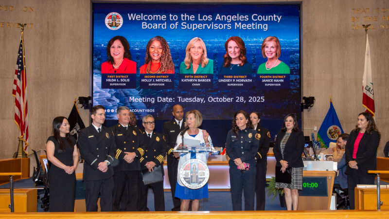 On Tuesday, October 28, 2025, during the presentation portion of the Board of Supervisors meeting, Los Angeles County Second District Supervisor Holly J. Mitchell honored the County of Los Angeles Fire Department (LACoFD) Lifeguard Division for their recent accomplishments at the biennial Wieland Shield Lifeguard Competition. Additionally, Fourth District Supervisor Janice Hahn honored Fire Captain (Captain) Sheila Kelliher-Berkoh on her recent retirement and Fire Fighter Specialist (FFS) John Pfau as the 2025 Perpetual Fire Prevention Award of Excellence honoree.