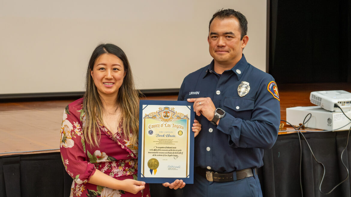 On Wednesday, June 3, 2026, the City of Hawthorne, in collaboration with the local Kiwanis and Rotary Clubs, honored County of Los Angeles Fire Department (LACoFD) Fire Captain Derek Urwin as the city’s Firefighter of the Year.