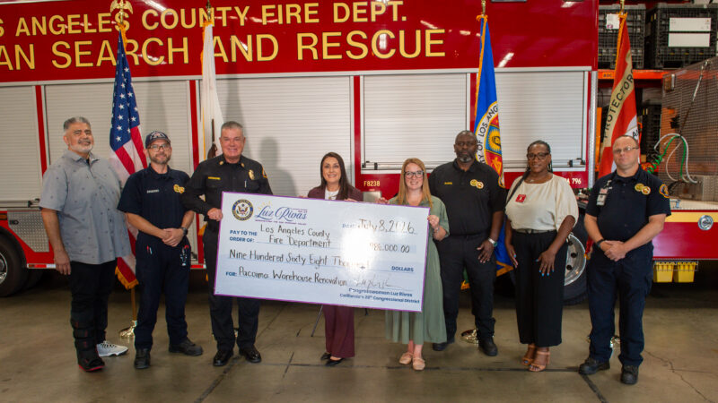 On Wednesday, July 8, 2026, Fire Chief Anthony C. Marrone stood alongside Los Angeles County Third District Supervisor Lindsey Horvath to receive a $968,000 grant from Congressmember Luz Rivas to update the Department’s Pacoima Supply Warehouse.