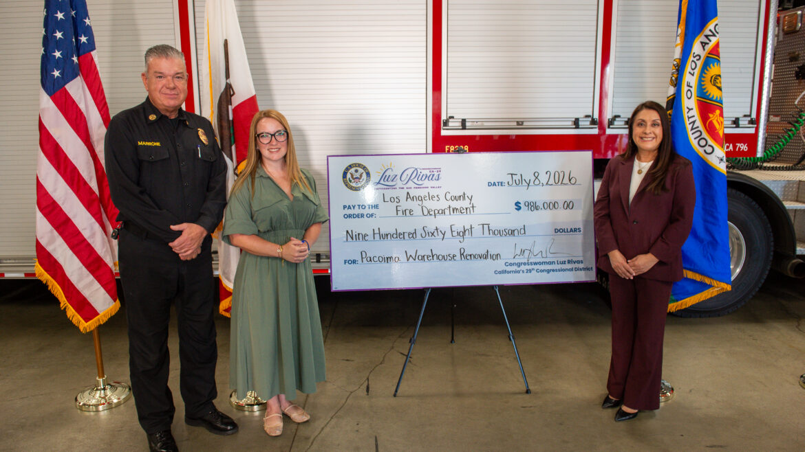 On Wednesday, July 8, 2026, Fire Chief Anthony C. Marrone stood alongside Los Angeles County Third District Supervisor Lindsey Horvath to receive a $968,000 grant from Congressmember Luz Rivas to update the Department’s Pacoima Supply Warehouse.
