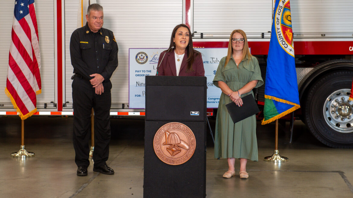 On Wednesday, July 8, 2026, Fire Chief Anthony C. Marrone stood alongside Los Angeles County Third District Supervisor Lindsey Horvath to receive a $968,000 grant from Congressmember Luz Rivas to update the Department’s Pacoima Supply Warehouse.