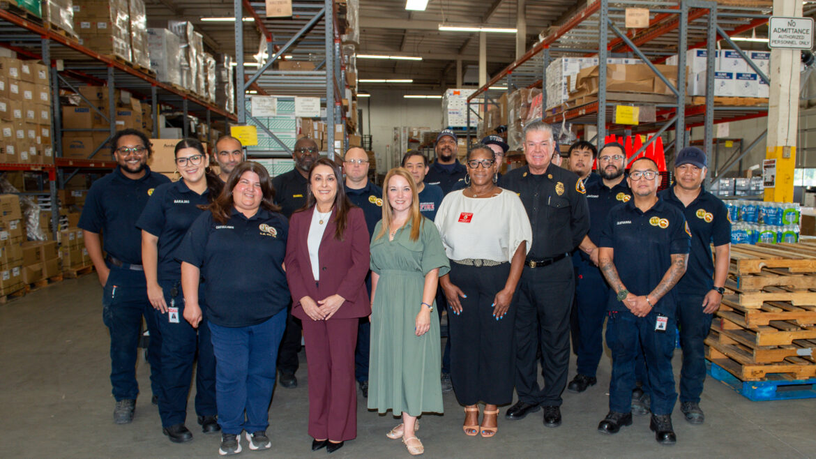 On Wednesday, July 8, 2026, Fire Chief Anthony C. Marrone stood alongside Los Angeles County Third District Supervisor Lindsey Horvath to receive a $968,000 grant from Congressmember Luz Rivas to update the Department’s Pacoima Supply Warehouse.
