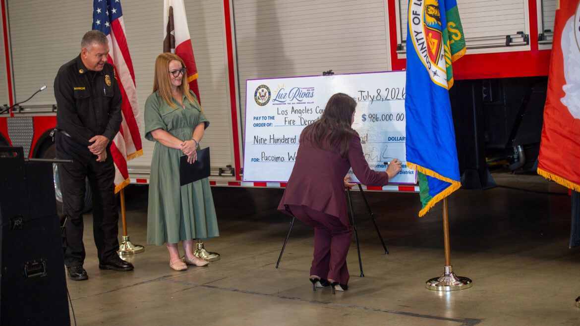 On Wednesday, July 8, 2026, Fire Chief Anthony C. Marrone stood alongside Los Angeles County Third District Supervisor Lindsey Horvath to receive a $968,000 grant from Congressmember Luz Rivas to update the Department’s Pacoima Supply Warehouse.