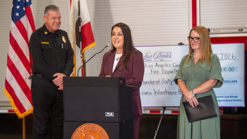 On Wednesday, July 8, 2026, Fire Chief Anthony C. Marrone stood alongside Los Angeles County Third District Supervisor Lindsey Horvath to receive a $968,000 grant from Congressmember Luz Rivas to update the Department’s Pacoima Supply Warehouse.
